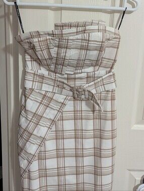 2B Bebe Strapless Plaid Midi Dress - White & Tan